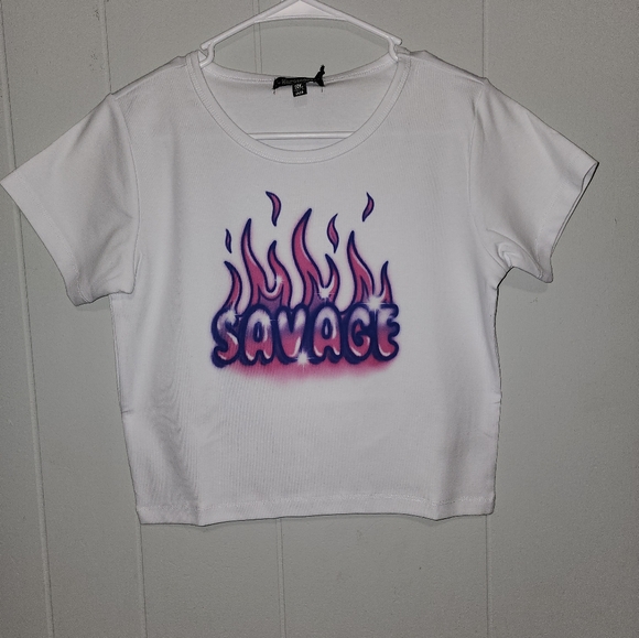 NWT Dolls Kill Hot Pink And Purple Airbrush Savage Crop Top - Picture 2 of 9
